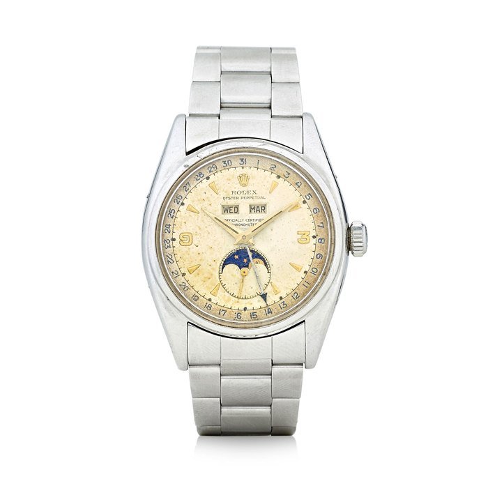 Rolex Rolex. An Extremely rare and historically important stainless steel 'Explorer 3-9 dial' Automatic wristwatch with triple calendar and moonphaseRef: 6062, circa 1953 · 6062