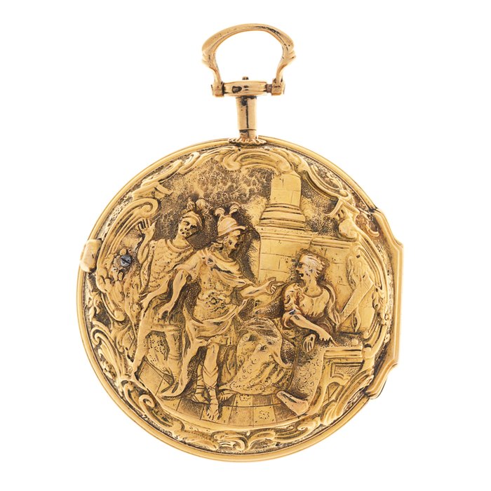 Jonathan Willer, London. A gold key wind pair case pocket watch with repousse decoration Circa 1750