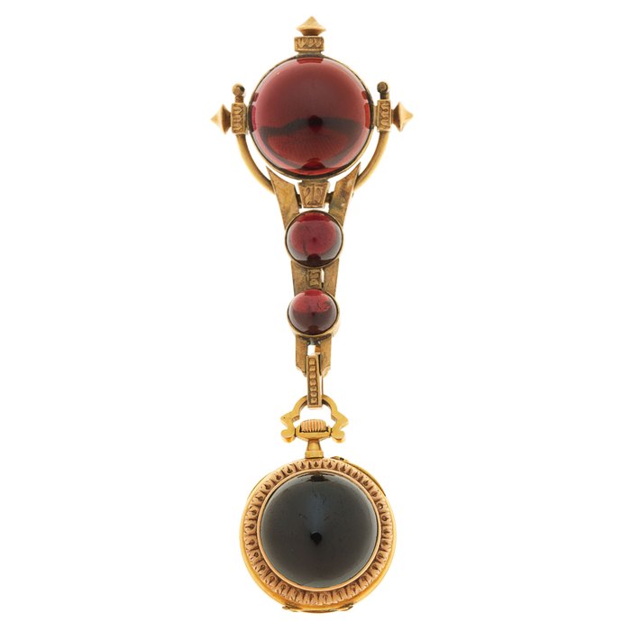  French, 137 Boulevard Sebastopol, Paris. A gold and hard stone set keyless wind fob watch with complimenting chatelaine Circa 1880 (26mm), Price & Market Data