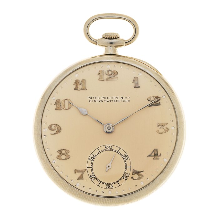 Patek Philippe. An 18K white gold keyless wind open face pocket watch with Louis Vuitton pouch Manufactured in 1926, sold 12th July 1929