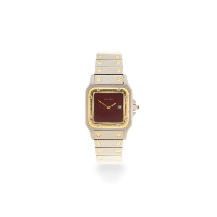 Cartier. A stainless steel and gold automatic calendar bracelet watch with burgundy dial Santos, Circa 1990
