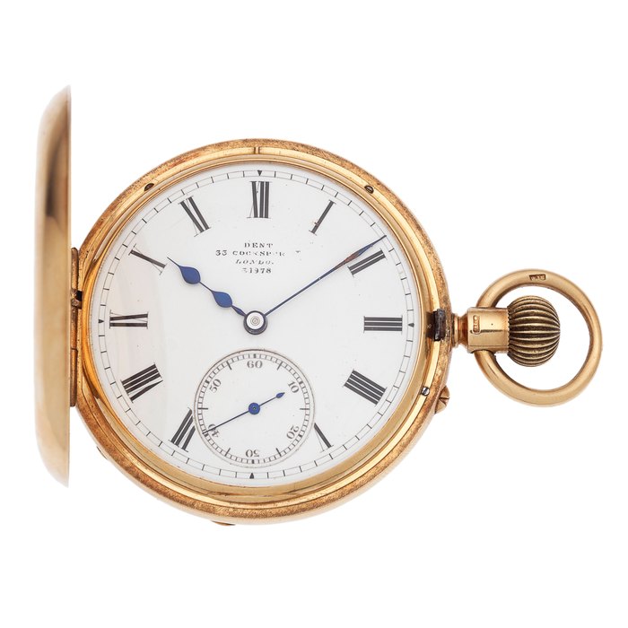 Dent, 33 Cockspur St, London. An 18K gold keyless wind half hunter pocket watch with commemoration to Admiral Sir Henry Fairfax Birmingham Hallmark for 1898