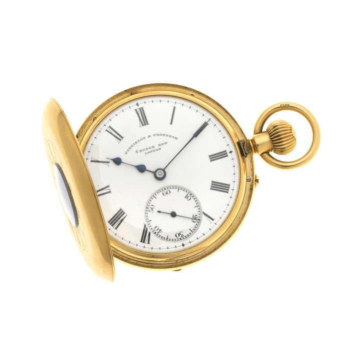 Parkinson & Frodsham, 5 Budge Row, Cannon St, London. An 18K gold keyless wind half hunter pocket watch London Hallmark for 1912