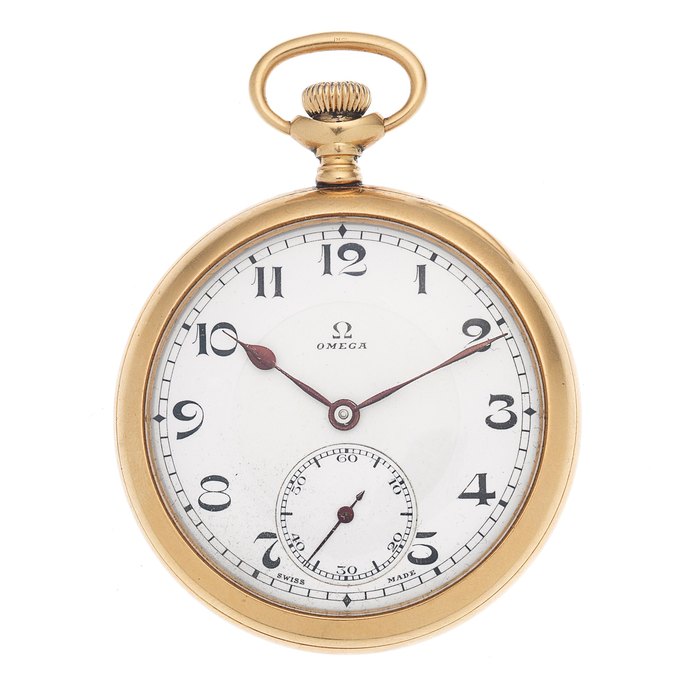 Omega. An 18K gold keyless wind open face pocket watch Birmingham Hallmark for 1922