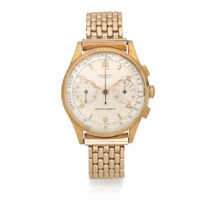 Universal. An 18K gold manual wind chronograph bracelet watch Medico-Compax, Ref: 124103, Circa 1950