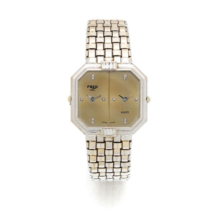 Fred. An 18K white gold and diamond set quartz dual dial bracelet watch GMT, Ref: 2962, Circa 1980