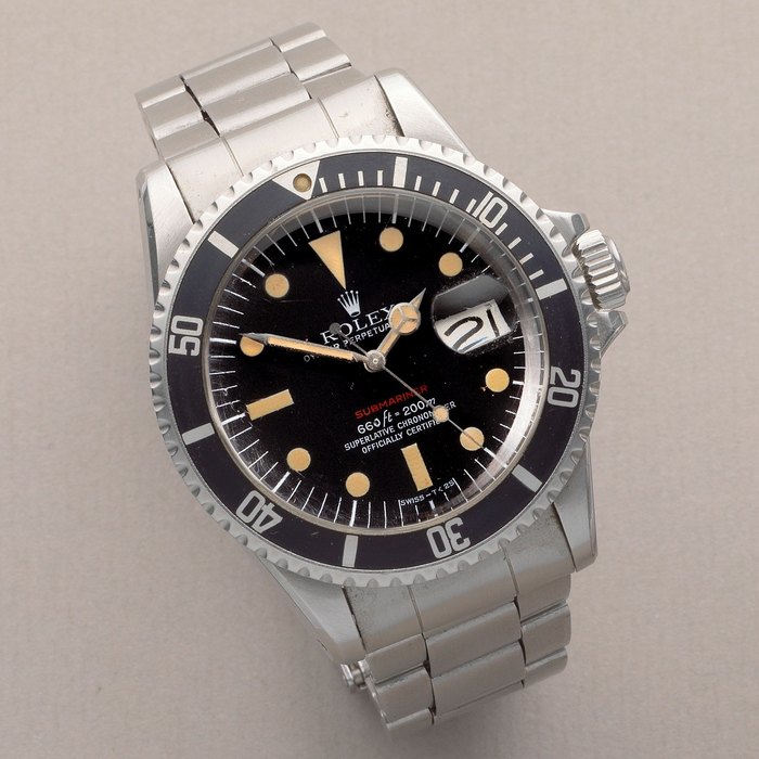 Rolex. A stainless steel automatic calendar bracelet watch Single Red Submariner, Ref: 1680, Circa 1972
