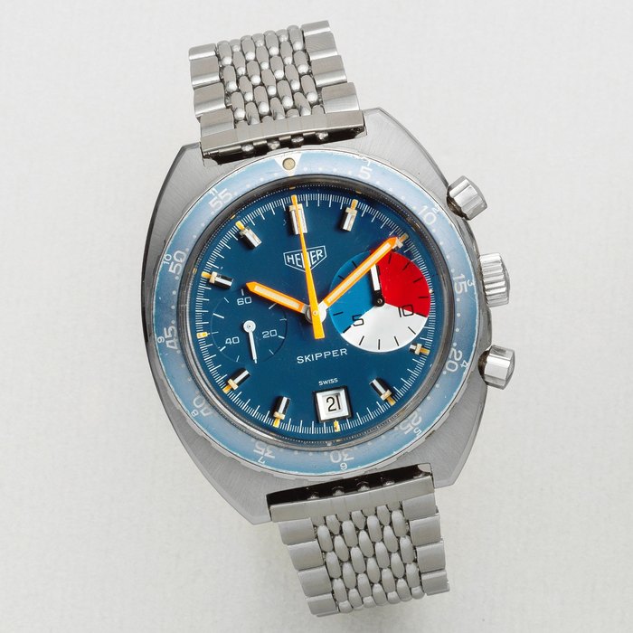Heuer. A stainless steel manual wind calendar chronograph wristwatch Skipper, Ref: 73463MH, Circa 1972