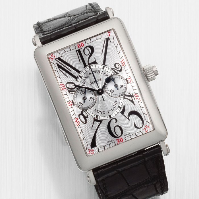 Franck Muller. An 18K white gold manual wind rectangular single button chronograph wristwatch Long Island, Ref: 1100 MP, Sold April 30th 2002