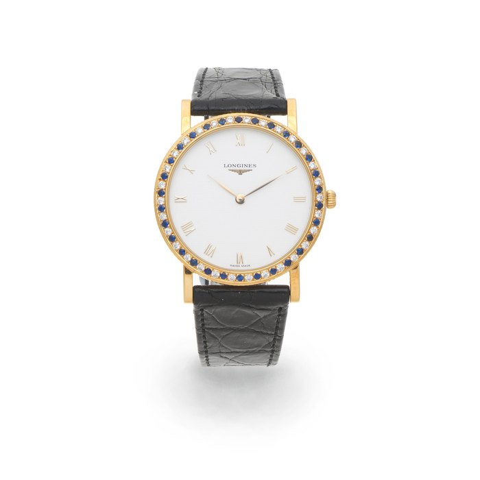 Longines Longines. An 18K gold and later diamond and sapphire set manual wind wristwatch Ref: L10404.7532, Sold 7th March 1996, Price & Market Data