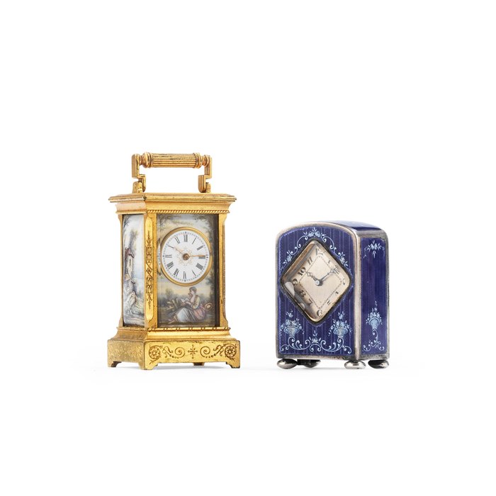 A gilt bronze and porcelain set miniature travelling timepiece together with a white metal and lilac guilloche enamel miniature timepieceboth early 20th century (3)