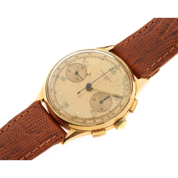 Chronographe Suisse. An 18K gold manual wind chronograph wristwatch