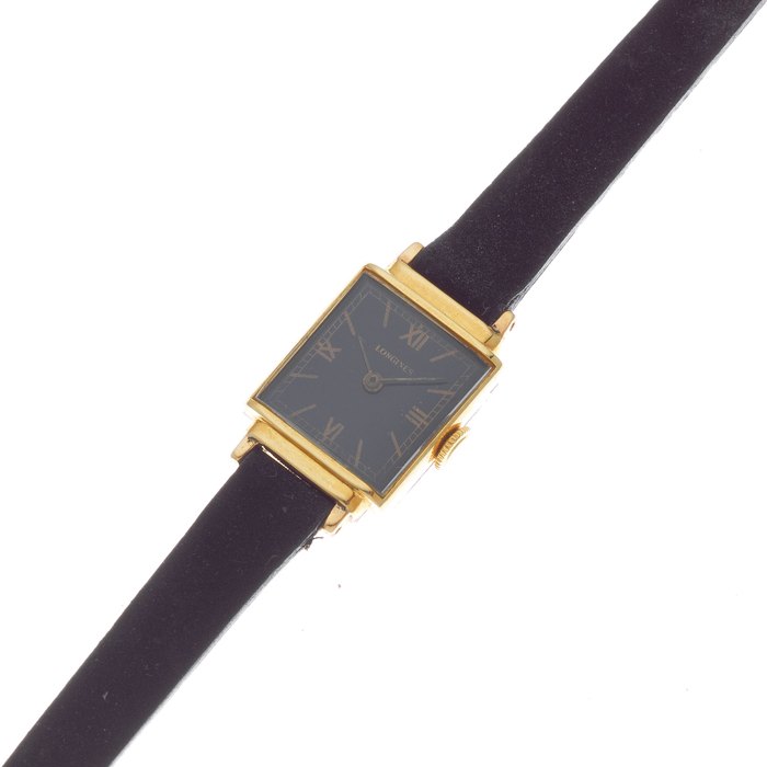 Longines. A lady's 18K gold manual wind rectangular wristwatch Circa 1950