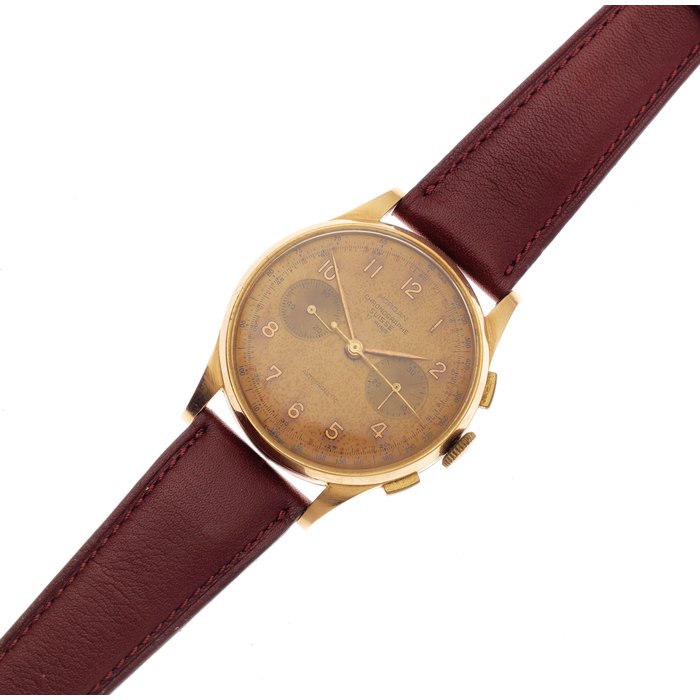 Morgan, Chronographe Suisse. An 18K gold manual wind chronograph wristwatch Circa 1950