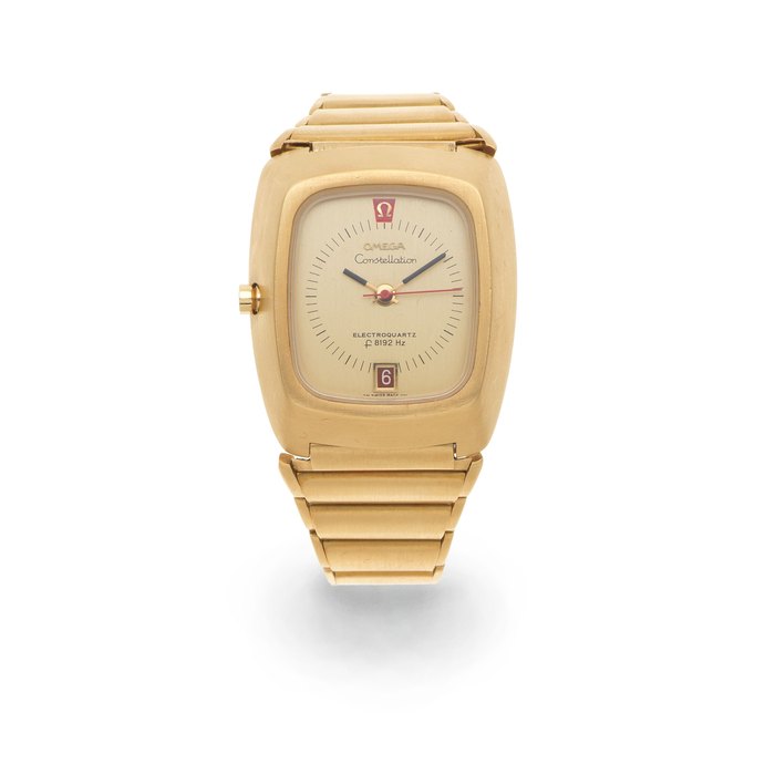 Omega. A rare and heavy 18K gold electroquartz calendar bracelet watch Constellation Beta 21 f8192 Hz, Ref: 196.005, Circa 1970