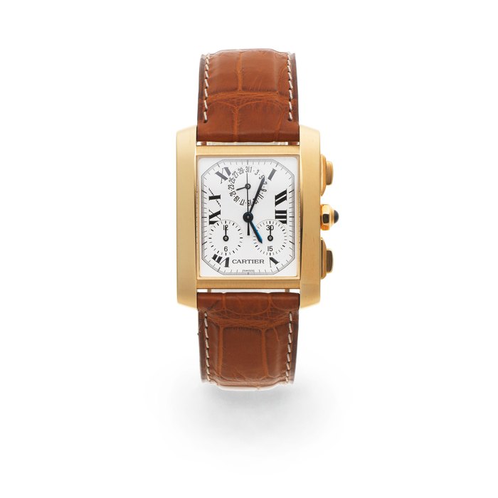 Cartier. An 18K gold quartz calendar chronograph wristwatch Tank Française, Ref: 1830, Sold 7th May 1998