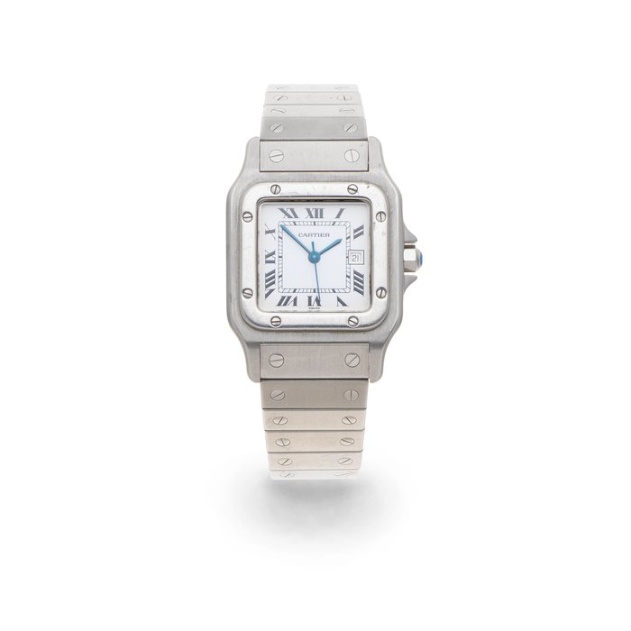 Cartier. A mid-size stainless steel automatic calendar bracelet watch Santos, Circa 1990
