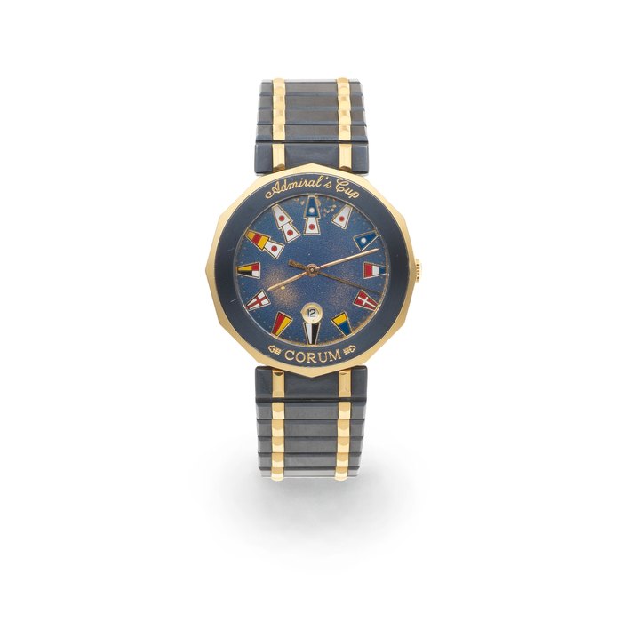 Corum. A lady's 18K gold and ceramic quartz calendar bracelet watch Admirals Cup, Ref: 99.810.31 V552, Circa 2000