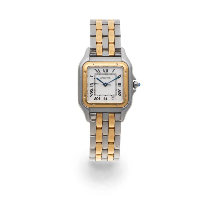 Cartier. A mid-size stainless steel quartz calendar bracelet watch Panthere, Circa 1990