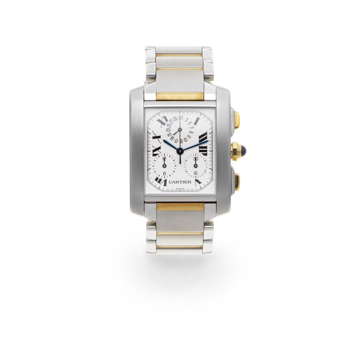 Cartier. A stainless steel and gold quartz calendar chronograph bracelet watch Ref: 2303, Sold 12th June 1996