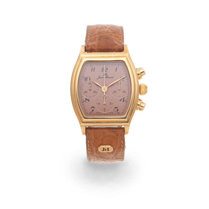 Lemania for Jean Marcel. An 18K rose gold manual wind chronograph tonneau form wristwatch Ref: 113.036.72, Sold 4th May 2000