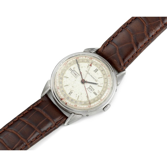 Movado. A stainless steel manual wind triple calendar wristwatch Ref. 14823
