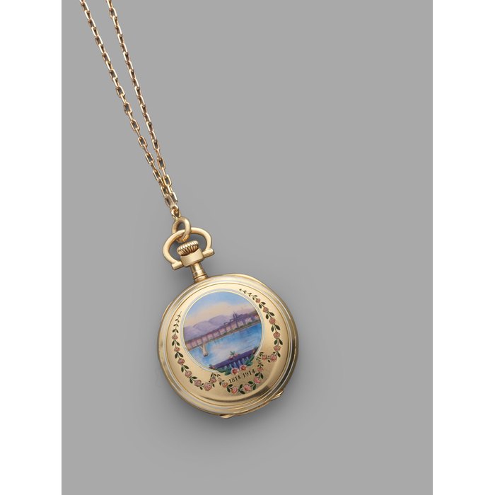 Patek Philippe. An 18k gold keyless wind open face enamel pocket watch celebrating the 100th Anniversary of A. Lonchamp-Privet Tir Cantonal du Centenaire Genève shooting competition Case No.281552, Cuvette & Movement No.178288, Circa 1914