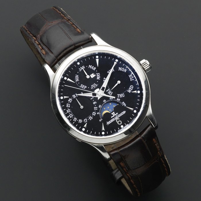 Jaeger-LeCoultre. A stainless steel automatic triple calendar wristwatch with moon phase Master Control, Ref:140.8.80.S, Movement No.2854381, Circa 2000