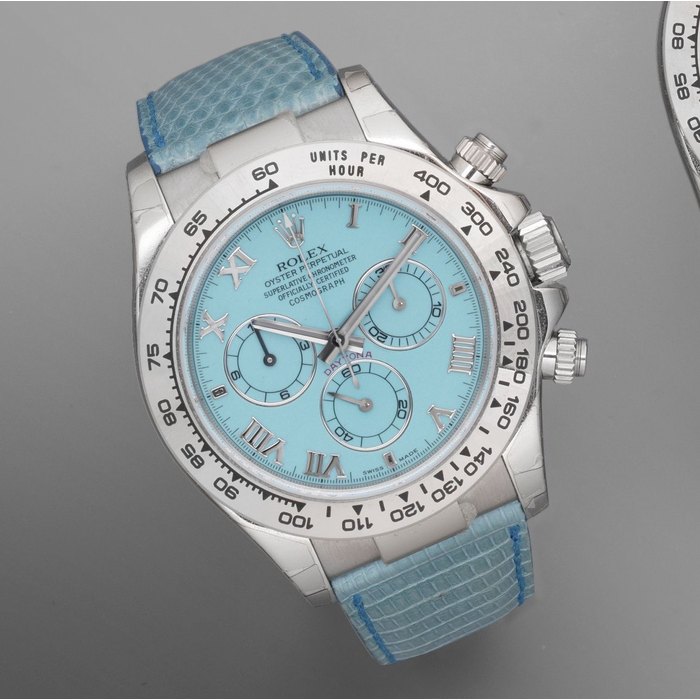 Rolex. An 18K white gold automatic chronograph wristwatch with turquoise blue dial Cosmograph Daytona, Ref:116519, Serial No.D34****, Movement No.C017****, Circa 2005