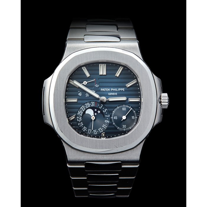 Patek Philippe. A fine and rare stainless steel automatic wristwatch with date, moon phase, power reserve and bracelet Nautilus, Ref:5712/1A, Case No.4489319, Movement No.5503950, Sold 2010