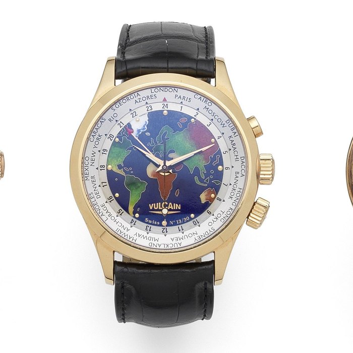 Vulcain. A Limited Edition 18K rose gold manual wind alarm wristwatch with World Time and cloisonne enamel dial Cloisonne The World, Ref:100508.127, No.13/30, Circa 2010