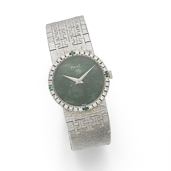 Piaget. A lady's 18K white gold and diamond set manual wind bracelet watch with green hard stone dial Ref:9706 A6, Case No.204845, Movement No.7193091, Circa 1970