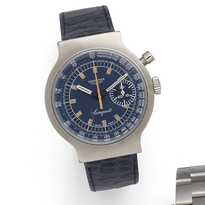 Longines. A stainless steel manual wind single button chronograph wristwatch Conquest Munich Olympic Games 1972, Case No.174495, Circa 1970