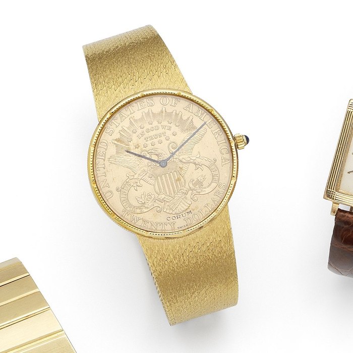 Corum. An 18K gold manual wind bracelet watch in the form of a Twenty Dollar coin Twenty Dollars 1895, Case No.160268, Movement No.120578, Circa 1980