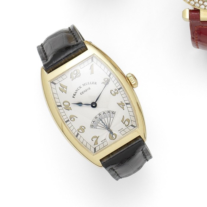 Franck Muller. An 18K gold tonneau form manual wind wristwatch with retrograde seconds Retailed by Garrard, Ref:2852 RET, No.09, Circa 2005