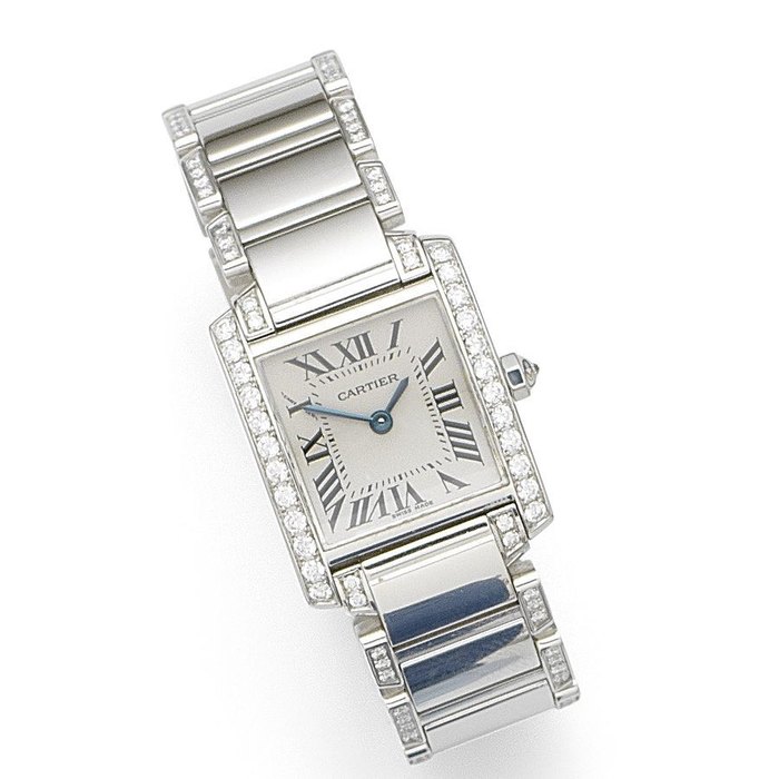 Cartier. A lady's rectangular stainless steel and diamond set quartz bracelet watch Tank Française, Ref:2384, Case No.581170LX, Circa 2010