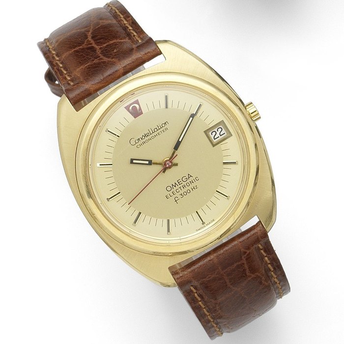 Omega. An 18K gold quartz electronic calendar wristwatch Constellation Electronic F300, Ref:198.002, Movement No.32859525, Circa 1972