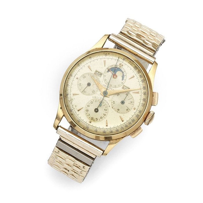 Universal Geneve. An 18K gold manual wind triple calendar chronograph bracelet watch with moon phase Tri-Compax, Ref:12295, Case No.1446929, Circa 1950