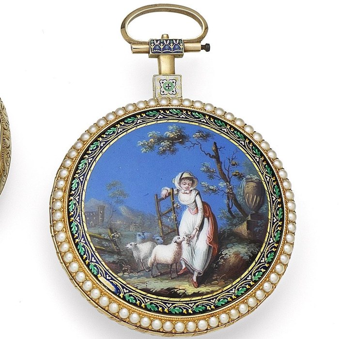 Jaquet Droz Jaquet Droz, London. A seed pearl set key wind open face pocket watch with virgule escapement and enamel decoration Circa 1790, Price & Market Data