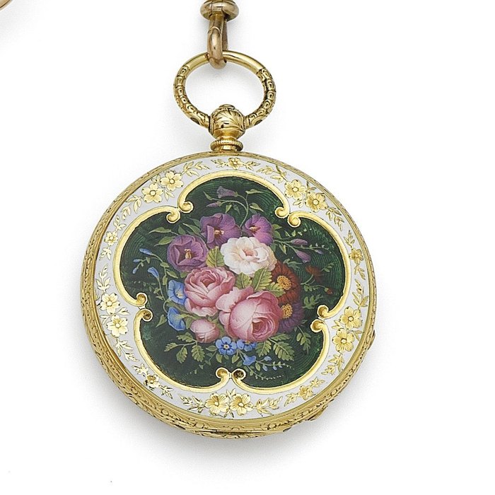 Milleret, Geneve. An 18k gold key wind open face pocket watch with enamel decoration Case & Cuvette No.10524, Circa 1830