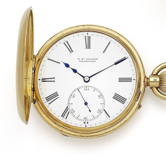 W. McGregor, Edinburgh. An 18K gold keyless wind half hunter pocket watch Movement No.41717, London Hallmark for 1877