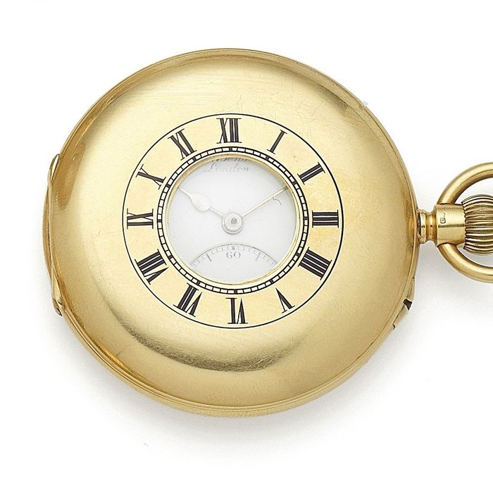 J. W. Benson, London. An 18K gold keyless wind half hunter pocket watch Case, Cuvette & Movement No.9346, London Hallmark for 1926