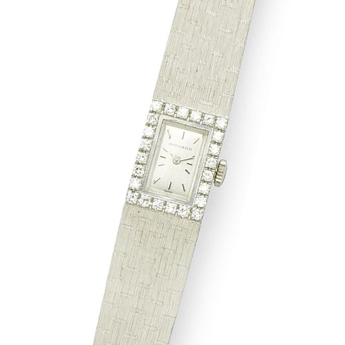 Movado. A lady's 18K white gold and diamond set manual wind rectangular bracelet watch Case No.638, Circa 1980