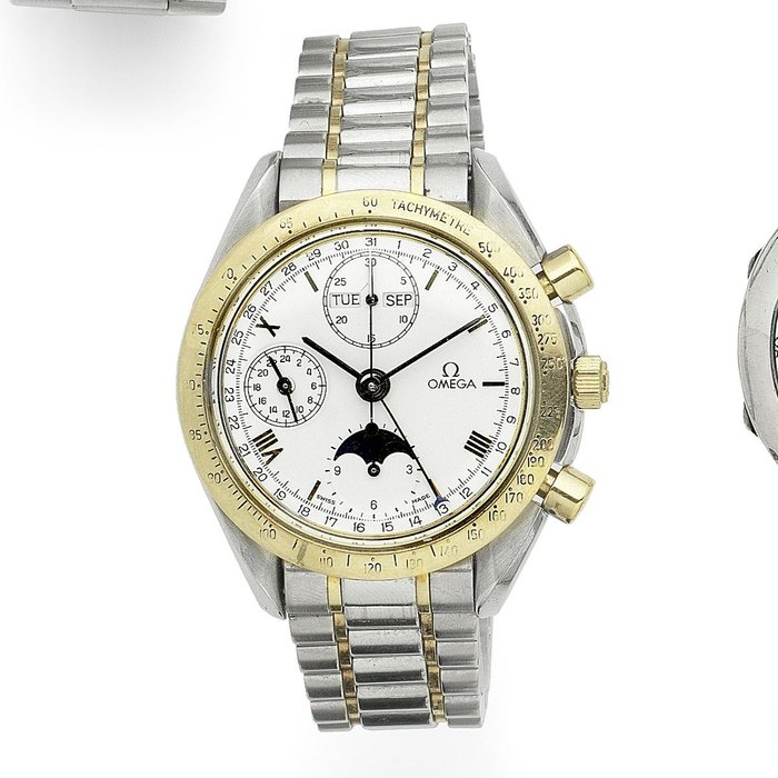 Omega. A stainless steel and gold automatic triple calendar chronograph bracelet watch with moon phase Speedmaster, Ref:175.0034, Case No.53018369, Circa 2000