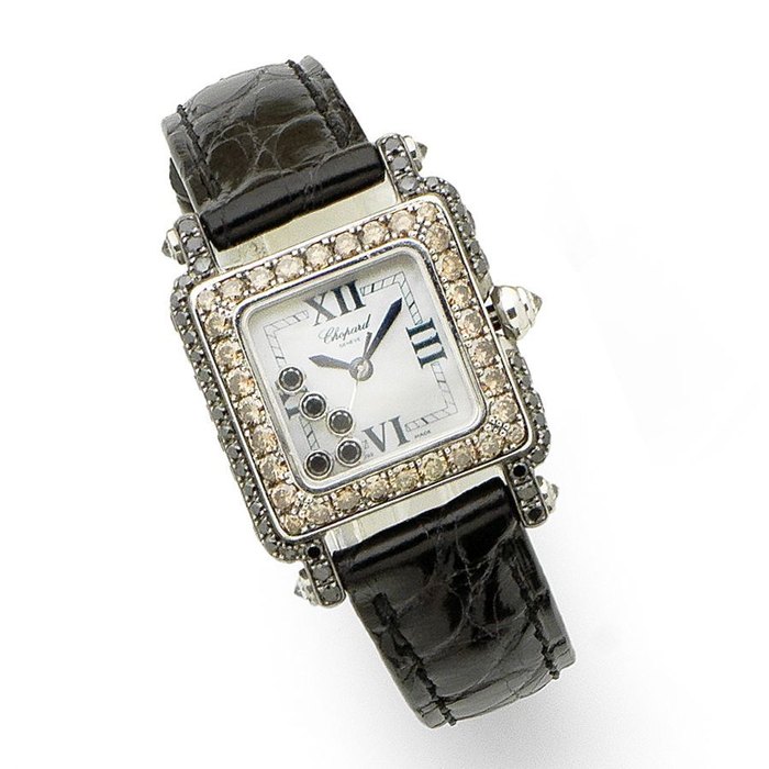 Chopard. A lady's 18K white gold and diamond set quartz square wristwatch Happy Sport, Ref:5258, Case No.27/6852-415 921885, Circa 2010