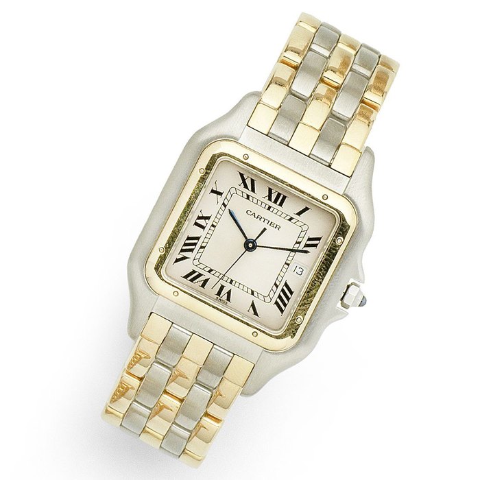 Cartier. A stainless steel and gold quartz calendar bracelet watch Panthere, Case No.8395706109, Sold 3rd March 1998