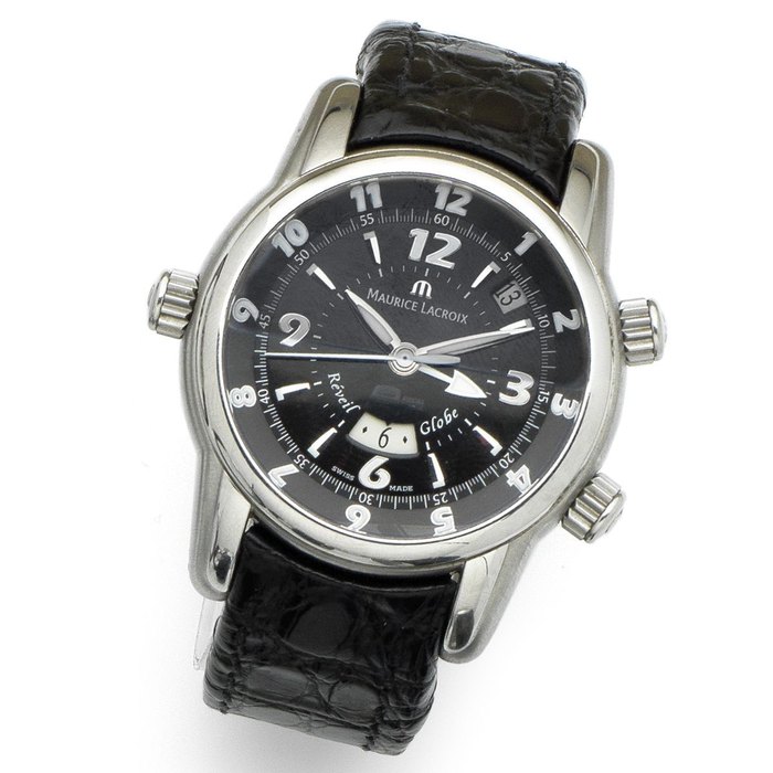 Maurice Lacroix. A stainless steel automatic calendar wristwatch with dual time zone Reveil Globe, Ref:AH32305, Case No.MP6388, Circa 2005