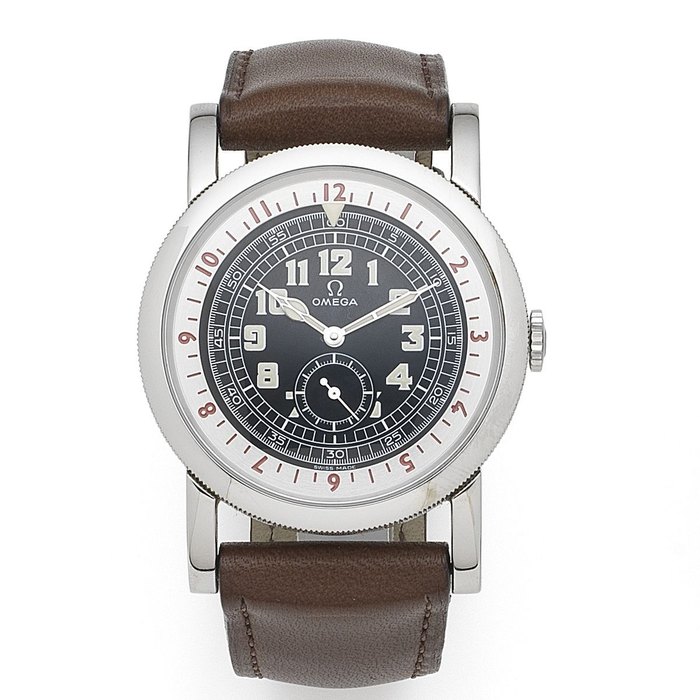 Omega. A stainless steel manual wind wristwatch with dual time zone Museum Collection Pilots Watch 1938, No.0575/4938, Case No.167 2000, Movement No.80123308, Circa 2001