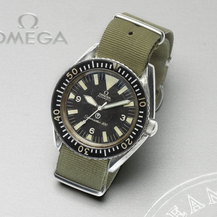Omega. A rare Royal Navy military issue stainless steel automatic wristwatch Seamaster 300, Ref:ST.165.024, Movement No.26309269, Manufactured 31st July 1968, Issued 1970