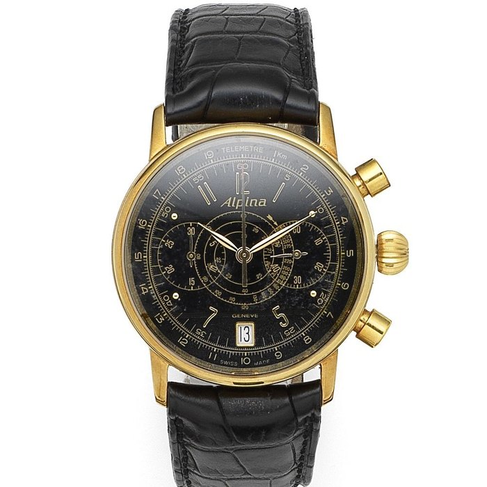 Alpina. An 18K gold automatic calendar chronograph wristwatch Ref:264.430.850, No.11/250, Case No.AL850X3H7, Sold 15th December 2006